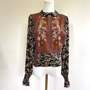 Embroidered Floral Blouse Womens M Boho Prairie Western Folk Open Back Romantic